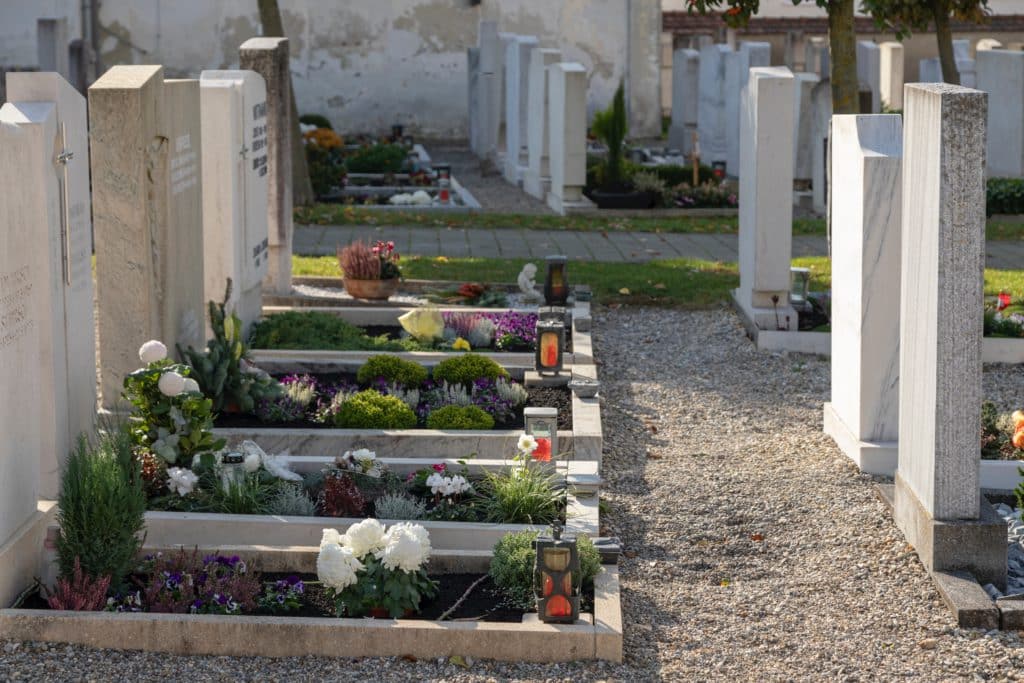 a cemetery with flowers